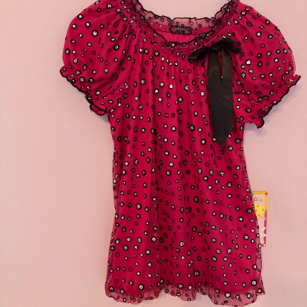 Brand New, Pink Net, fully lined, Polka Dot top for a girl of medium size.